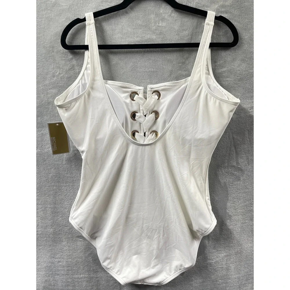 Michael Kors One Piece Swimsuit Womens White New Lace Up Front Grommet Size 14